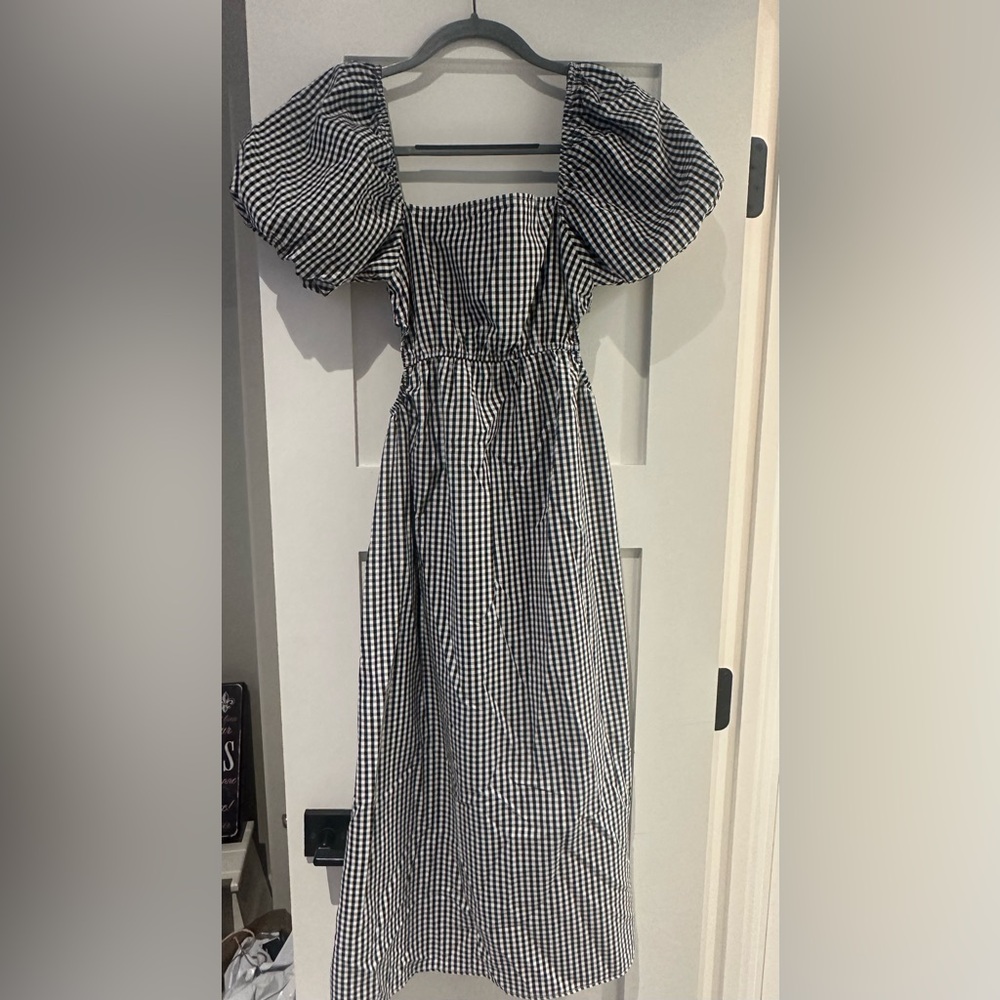 Aqua Black and White Gingham Midi Dress with Puff Sleeves